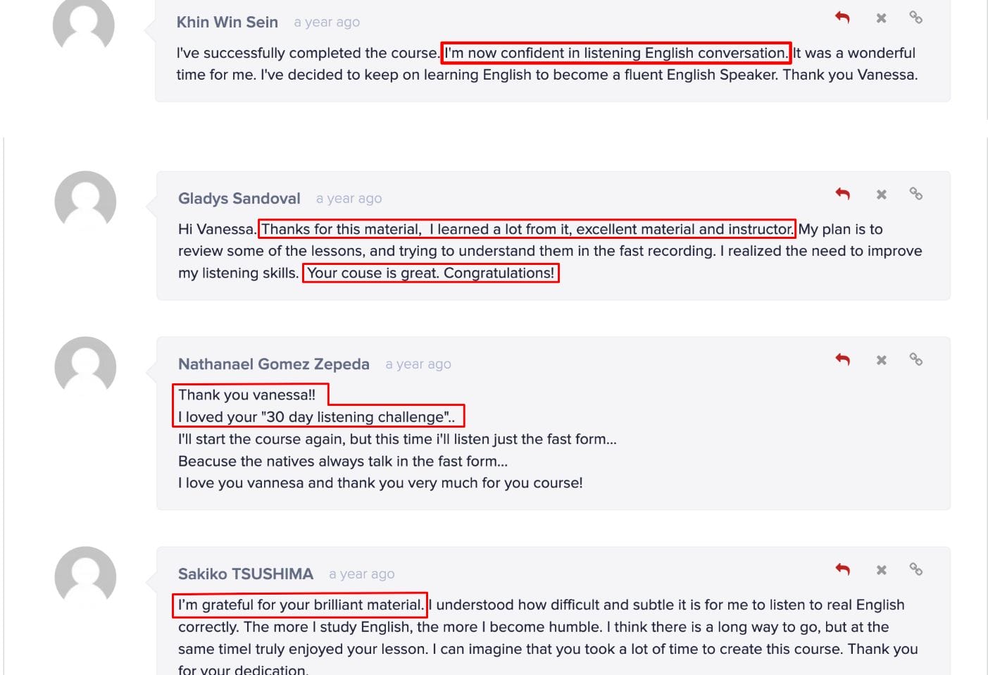 Speak English With Vanessa - 30 Days Listening Challenge - testimonials from students